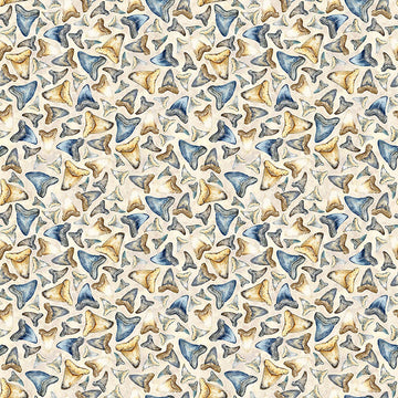 Image of Into the Deep Shark Teeth Tan quilting cotton fabric by Morris Creative Group for QT Fabrics. Features teeth on a cream background. Cute Little Fabric Shop.