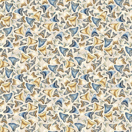 Image of Into the Deep Shark Teeth Tan quilting cotton fabric by Morris Creative Group for QT Fabrics. Features teeth on a cream background. Cute Little Fabric Shop.