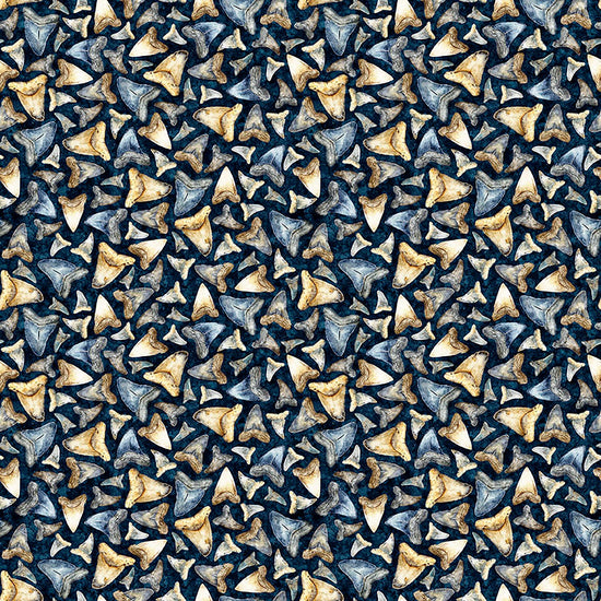 Image of Into the Deep Shark Teeth Mediterranean quilting cotton fabric by Morris Creative Group for QT Fabrics. Features teeth on a blue background. Cute Little Fabric Shop.
