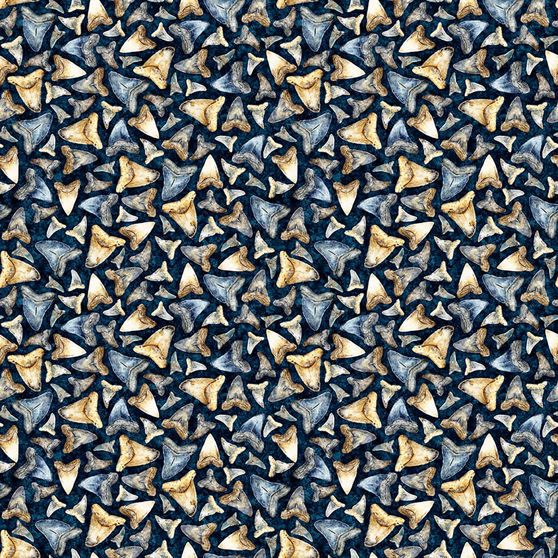 Image of Into the Deep Shark Teeth Mediterranean quilting cotton fabric by Morris Creative Group for QT Fabrics. Features teeth on a blue background. Cute Little Fabric Shop.