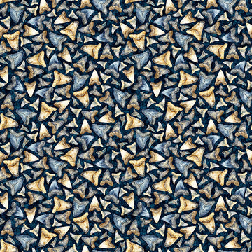 Image of Into the Deep Shark Teeth Mediterranean quilting cotton fabric by Morris Creative Group for QT Fabrics. Features teeth on a blue background. Cute Little Fabric Shop.