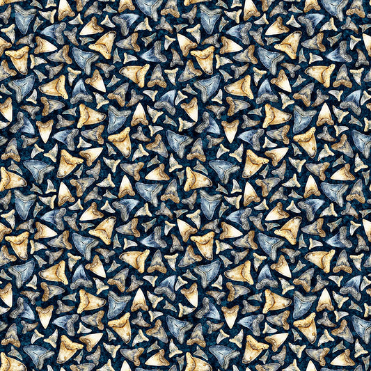 Image of Into the Deep Shark Teeth Mediterranean quilting cotton fabric by Morris Creative Group for QT Fabrics. Features teeth on a blue background. Cute Little Fabric Shop.