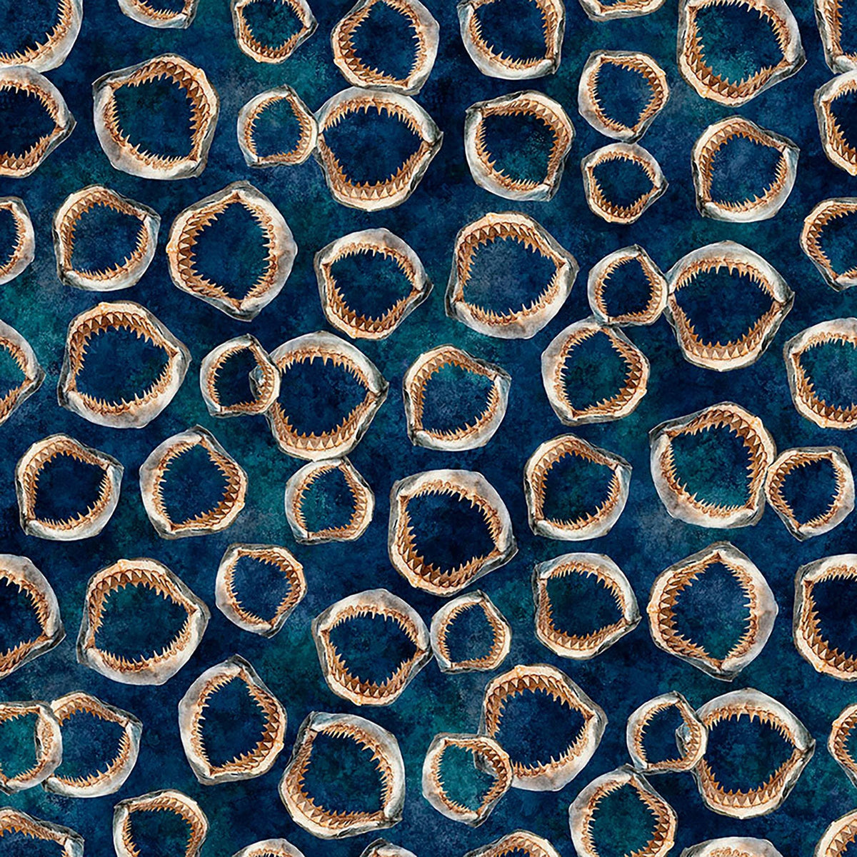 Image of Into the Deep Shark Jaws Mediterranean quilting cotton fabric by Morris Creative Group for QT Fabrics. Features bones on a blue background. Cute Little Fabric Shop.