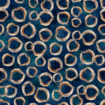 Image of Into the Deep Shark Jaws Mediterranean quilting cotton fabric by Morris Creative Group for QT Fabrics. Features bones on a blue background. Cute Little Fabric Shop.