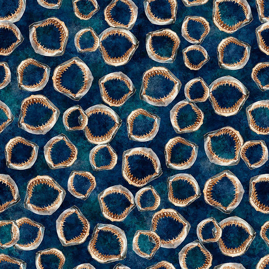 Image of Into the Deep Shark Jaws Mediterranean quilting cotton fabric by Morris Creative Group for QT Fabrics. Features bones on a blue background. Cute Little Fabric Shop.