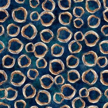 Image of Into the Deep Shark Jaws Mediterranean quilting cotton fabric by Morris Creative Group for QT Fabrics. Features bones on a blue background. Cute Little Fabric Shop.