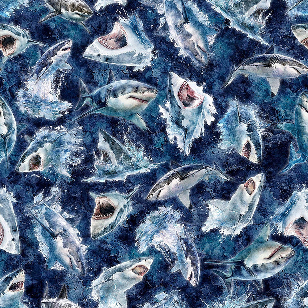 Image of Into the Deep Great Whites Mediterranean quilting cotton fabric by Morris Creative Group for QT Fabrics. Features sharks on a blue background. Cute Little Fabric Shop.