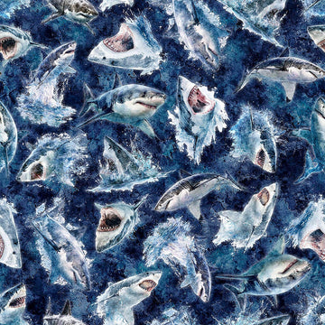 Image of Into the Deep Great Whites Mediterranean quilting cotton fabric by Morris Creative Group for QT Fabrics. Features sharks on a blue background. Cute Little Fabric Shop.