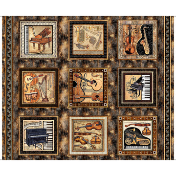 Vivace Music Picture Patches Panel Brown Music Fabric - 32244 - QT Fabrics Quilting Cotton Fabric