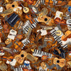 Image of Vivace Musical Instruments Toss Tan quilting cotton fabric by Morris Creative Group for QT Fabrics. Features instruments on a brown background. Cute Little Fabric Shop.