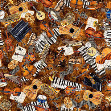 Image of Vivace Musical Instruments Toss Tan quilting cotton fabric by Morris Creative Group for QT Fabrics. Features instruments on a brown background. Cute Little Fabric Shop.
