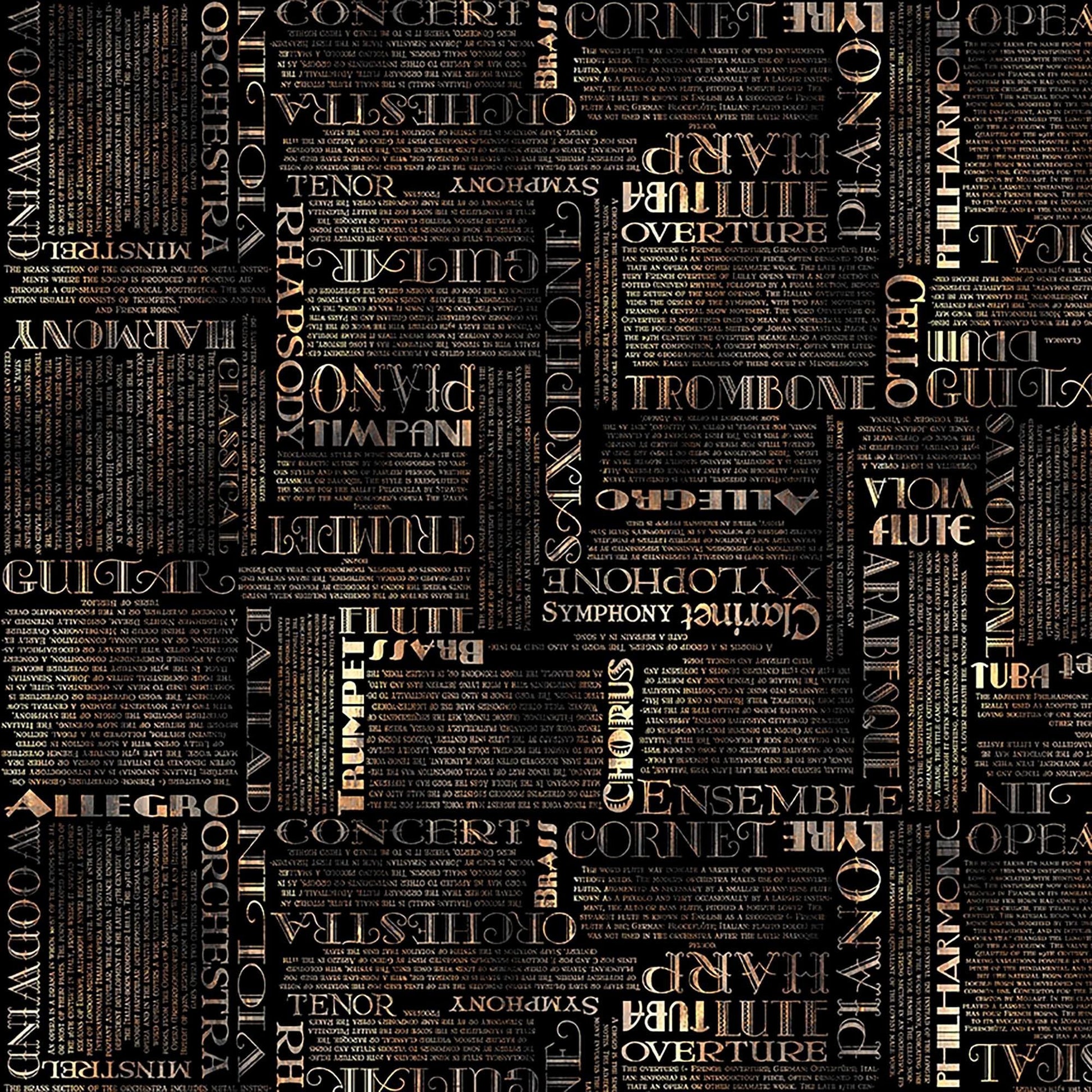 Image of Vivace Musical Text Black quilting cotton fabric by Morris Creative Group for QT Fabrics. Features words on a black background. Cute Little Fabric Shop.