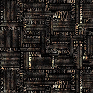 Image of Vivace Musical Text Black quilting cotton fabric by Morris Creative Group for QT Fabrics. Features words on a black background. Cute Little Fabric Shop.