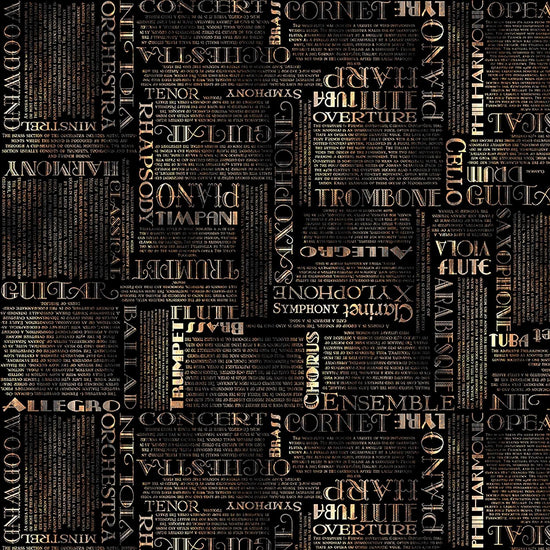 Image of Vivace Musical Text Black quilting cotton fabric by Morris Creative Group for QT Fabrics. Features words on a black background. Cute Little Fabric Shop.