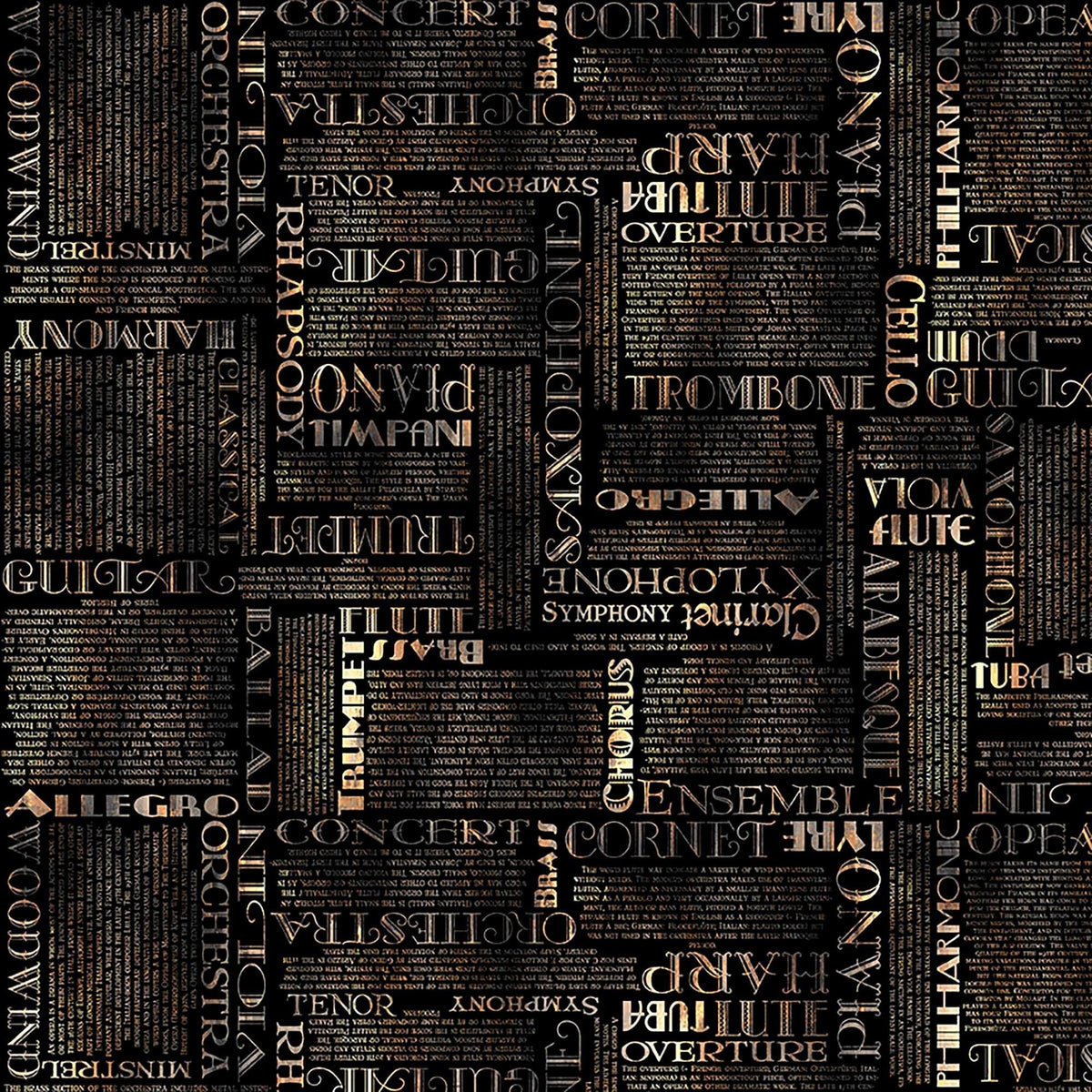 Image of Vivace Musical Text Black quilting cotton fabric by Morris Creative Group for QT Fabrics. Features words on a black background. Cute Little Fabric Shop.
