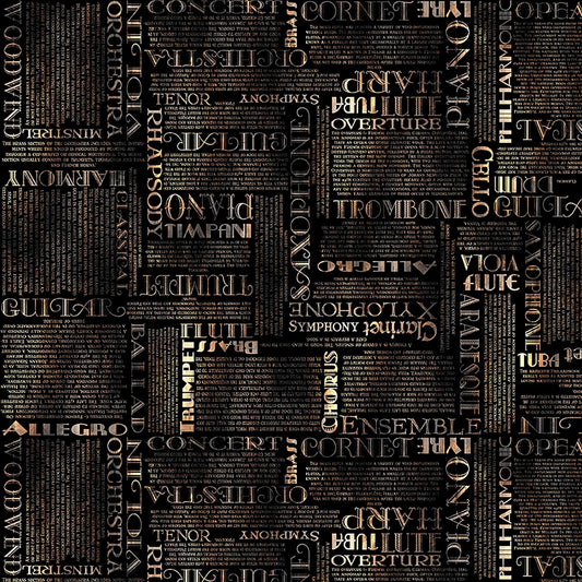 Image of Vivace Musical Text Black quilting cotton fabric by Morris Creative Group for QT Fabrics. Features words on a black background. Cute Little Fabric Shop.