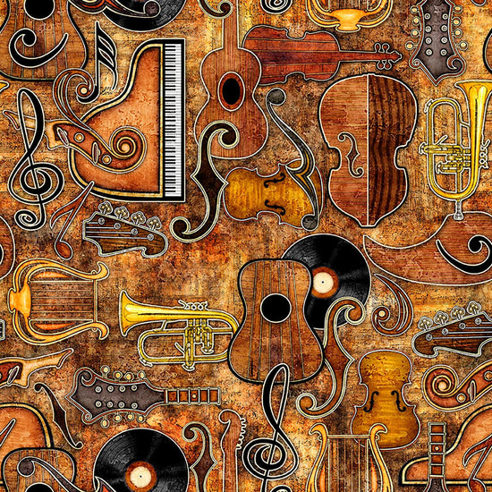 Image of Vivace Instruments Set Rust quilting cotton fabric by Morris Creative Group for QT Fabrics. Features instruments on an orange background. Cute Little Fabric Shop.