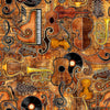 Image of Vivace Instruments Set Rust quilting cotton fabric by Morris Creative Group for QT Fabrics. Features instruments on an orange background. Cute Little Fabric Shop.