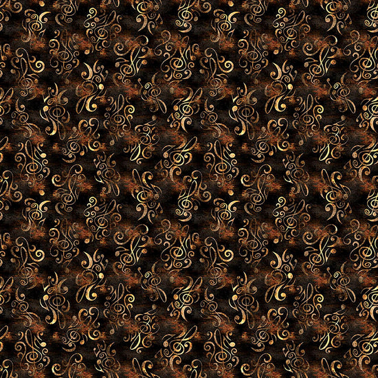 Image of Vivace Musical Flourish Espresso quilting cotton fabric by Morris Creative Group for QT Fabrics. Features spirals on a brown background. Cute Little Fabric Shop.
