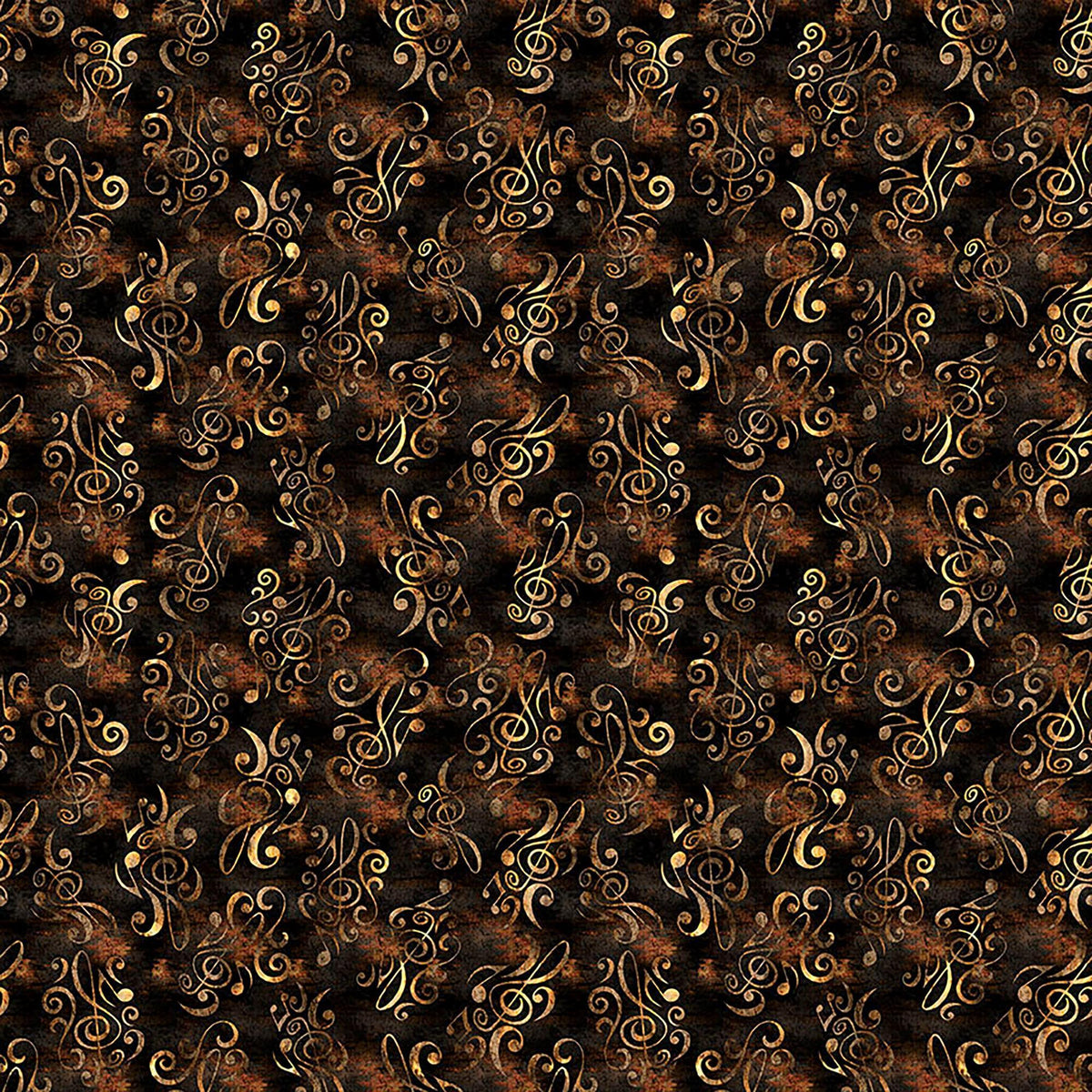 Image of Vivace Musical Flourish Espresso quilting cotton fabric by Morris Creative Group for QT Fabrics. Features spirals on a brown background. Cute Little Fabric Shop.