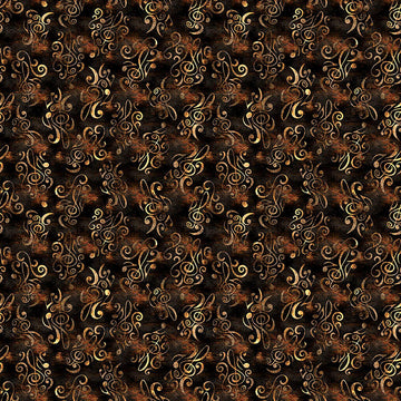 Image of Vivace Musical Flourish Espresso quilting cotton fabric by Morris Creative Group for QT Fabrics. Features spirals on a brown background. Cute Little Fabric Shop.