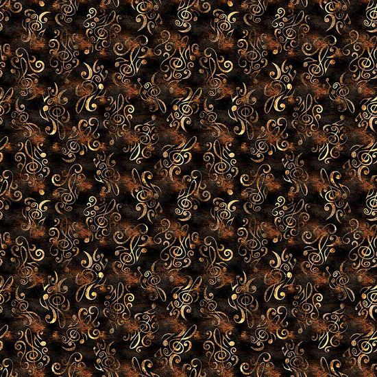 Image of Vivace Musical Flourish Espresso quilting cotton fabric by Morris Creative Group for QT Fabrics. Features spirals on a brown background. Cute Little Fabric Shop.