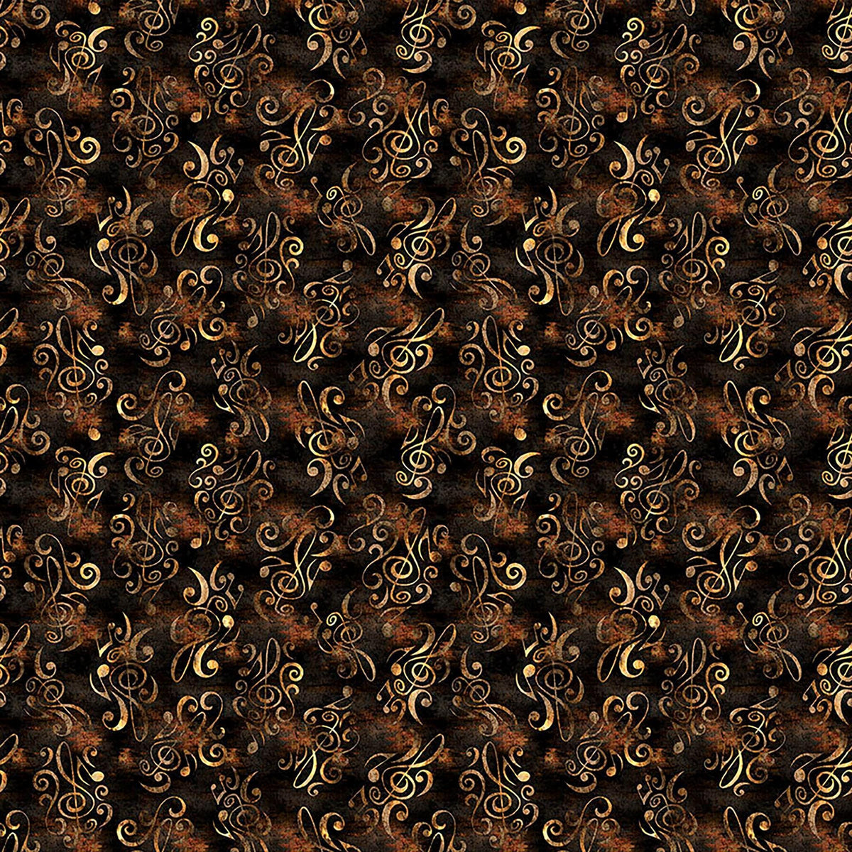 Image of Vivace Musical Flourish Espresso quilting cotton fabric by Morris Creative Group for QT Fabrics. Features spirals on a brown background. Cute Little Fabric Shop.