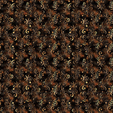 Image of Vivace Musical Flourish Espresso quilting cotton fabric by Morris Creative Group for QT Fabrics. Features spirals on a brown background. Cute Little Fabric Shop.