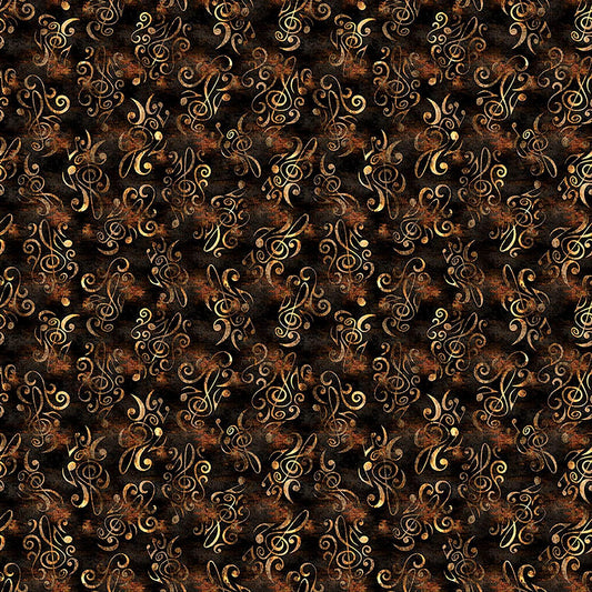 Image of Vivace Musical Flourish Espresso quilting cotton fabric by Morris Creative Group for QT Fabrics. Features spirals on a brown background. Cute Little Fabric Shop.