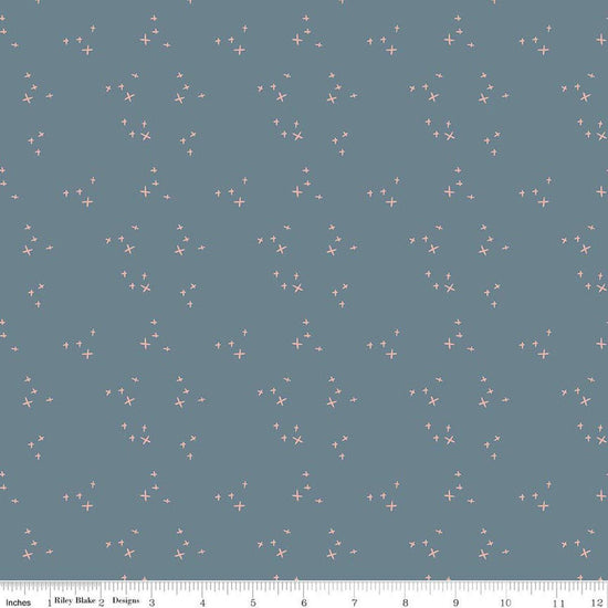 Image of Petals & Hazel Scatter Blue quilting cotton fabric by Simple Simon & Company for Riley Blake Designs. Features stars on a blue background. Cute Little Fabric Shop.