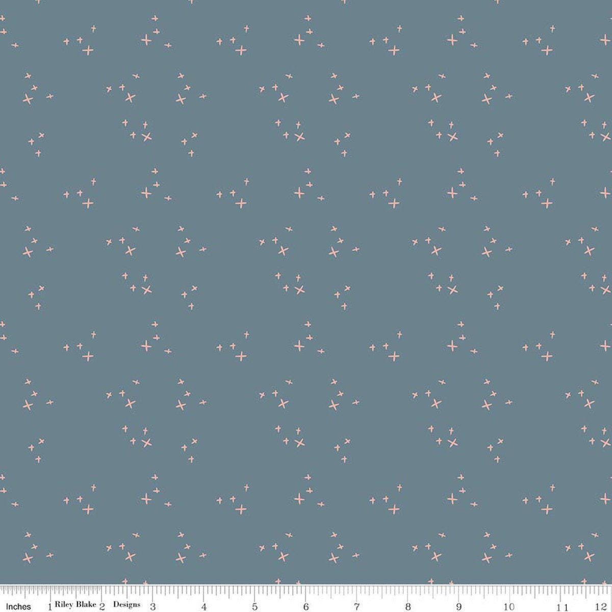 Image of Petals & Hazel Scatter Blue quilting cotton fabric by Simple Simon & Company for Riley Blake Designs. Features stars on a blue background. Cute Little Fabric Shop.