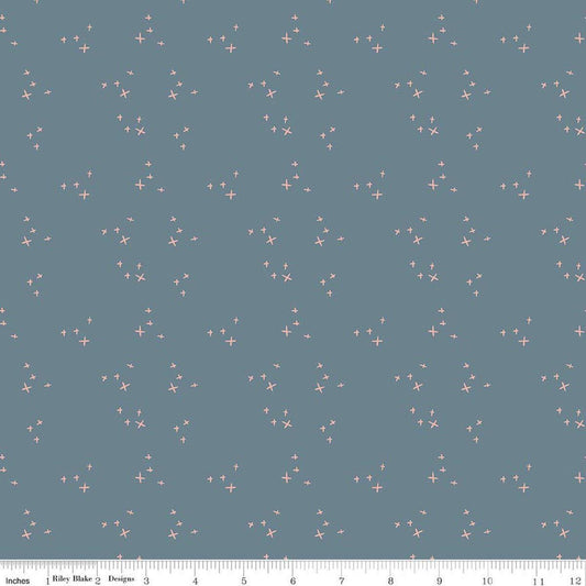 Image of Petals & Hazel Scatter Blue quilting cotton fabric by Simple Simon & Company for Riley Blake Designs. Features stars on a blue background. Cute Little Fabric Shop.