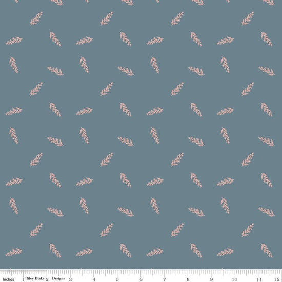 Image of Petals & Hazel Toss Blue quilting cotton fabric by Simple Simon & Company for Riley Blake Designs. Features leaves on a blue background. Cute Little Fabric Shop.