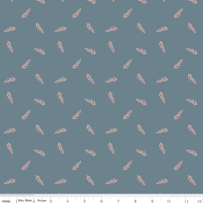 Image of Petals & Hazel Toss Blue quilting cotton fabric by Simple Simon & Company for Riley Blake Designs. Features leaves on a blue background. Cute Little Fabric Shop.