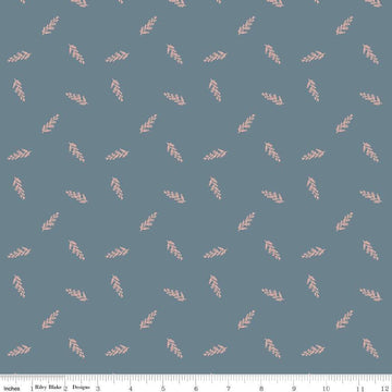 Image of Petals & Hazel Toss Blue quilting cotton fabric by Simple Simon & Company for Riley Blake Designs. Features leaves on a blue background. Cute Little Fabric Shop.