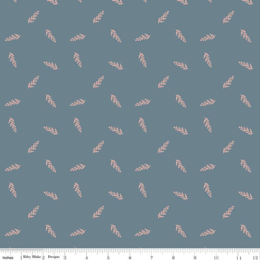 Image of Petals & Hazel Toss Blue quilting cotton fabric by Simple Simon & Company for Riley Blake Designs. Features leaves on a blue background. Cute Little Fabric Shop.