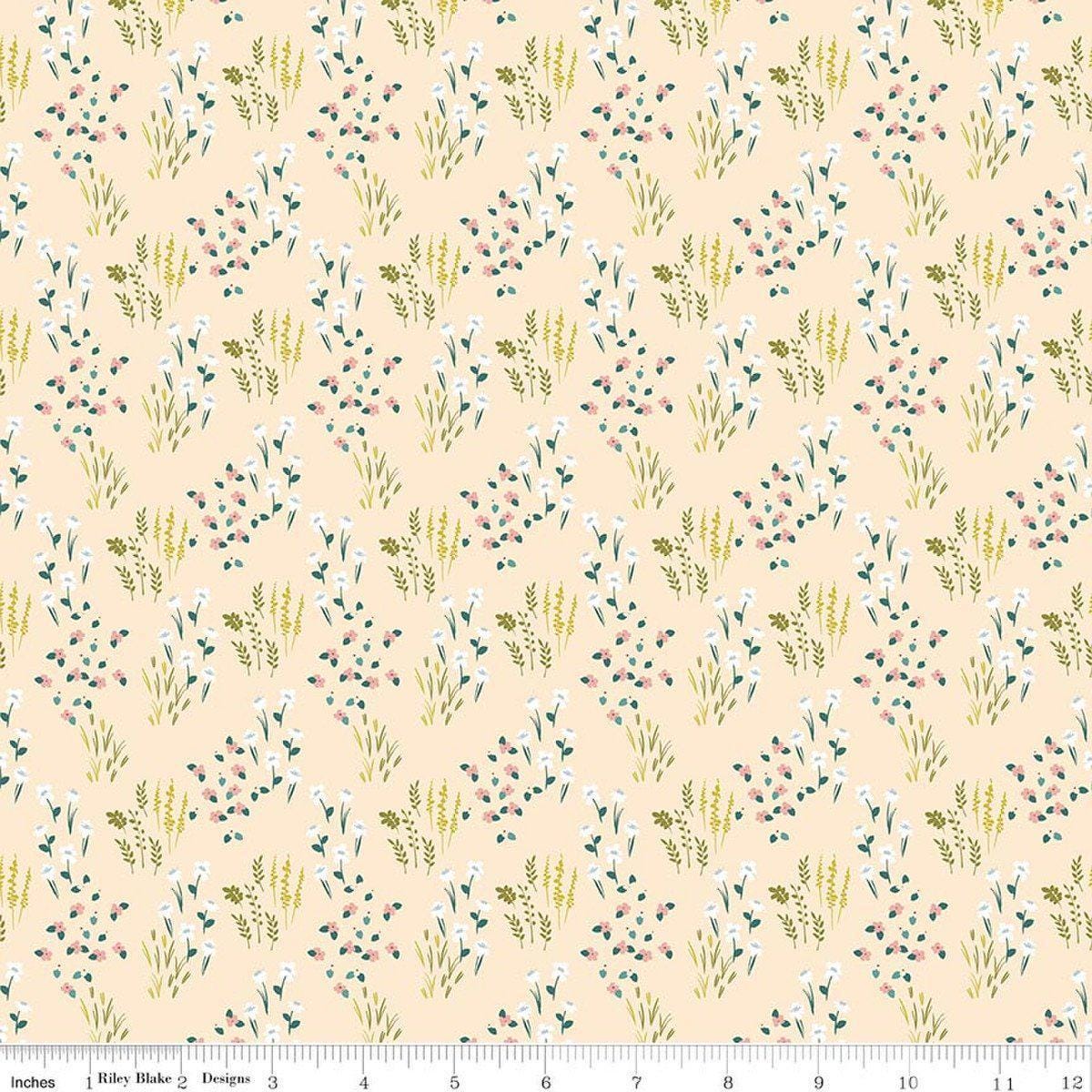 Image of Petals & Hazel Meadow Blush quilting cotton fabric by Simple Simon & Company for Riley Blake Designs. Features flowers on a cream background. Cute Little Fabric Shop.