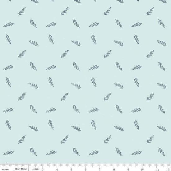 Image of Petals & Hazel Toss Powder quilting cotton fabric by Simple Simon & Company for Riley Blake Designs. Features leaves on a blue background. Cute Little Fabric Shop.