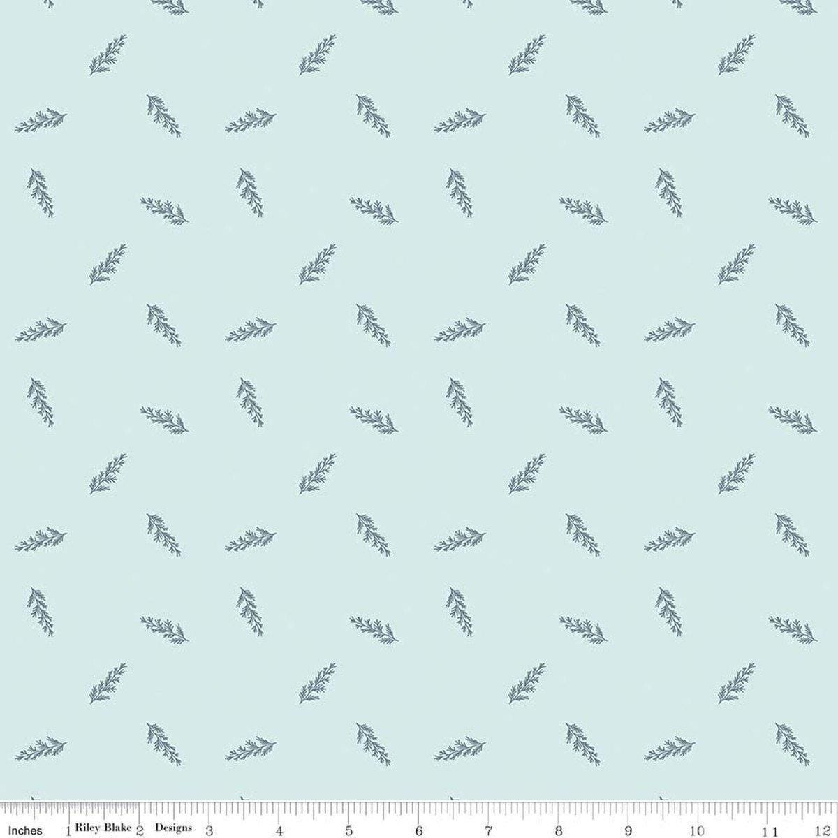 Image of Petals & Hazel Toss Powder quilting cotton fabric by Simple Simon & Company for Riley Blake Designs. Features leaves on a blue background. Cute Little Fabric Shop.