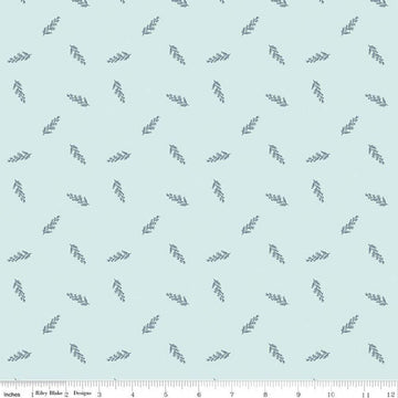 Image of Petals & Hazel Toss Powder quilting cotton fabric by Simple Simon & Company for Riley Blake Designs. Features leaves on a blue background. Cute Little Fabric Shop.
