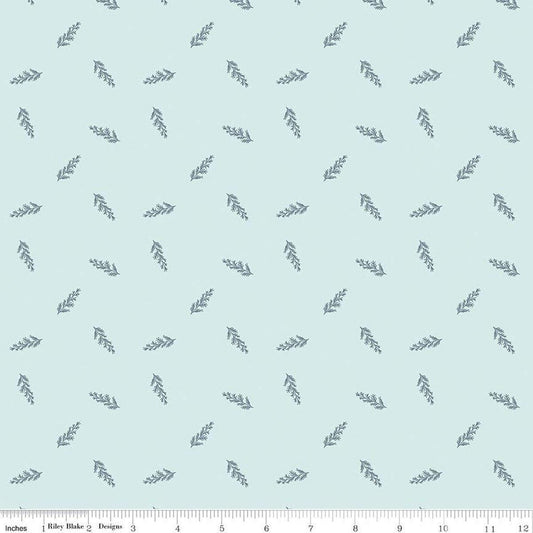 Image of Petals & Hazel Toss Powder quilting cotton fabric by Simple Simon & Company for Riley Blake Designs. Features leaves on a blue background. Cute Little Fabric Shop.