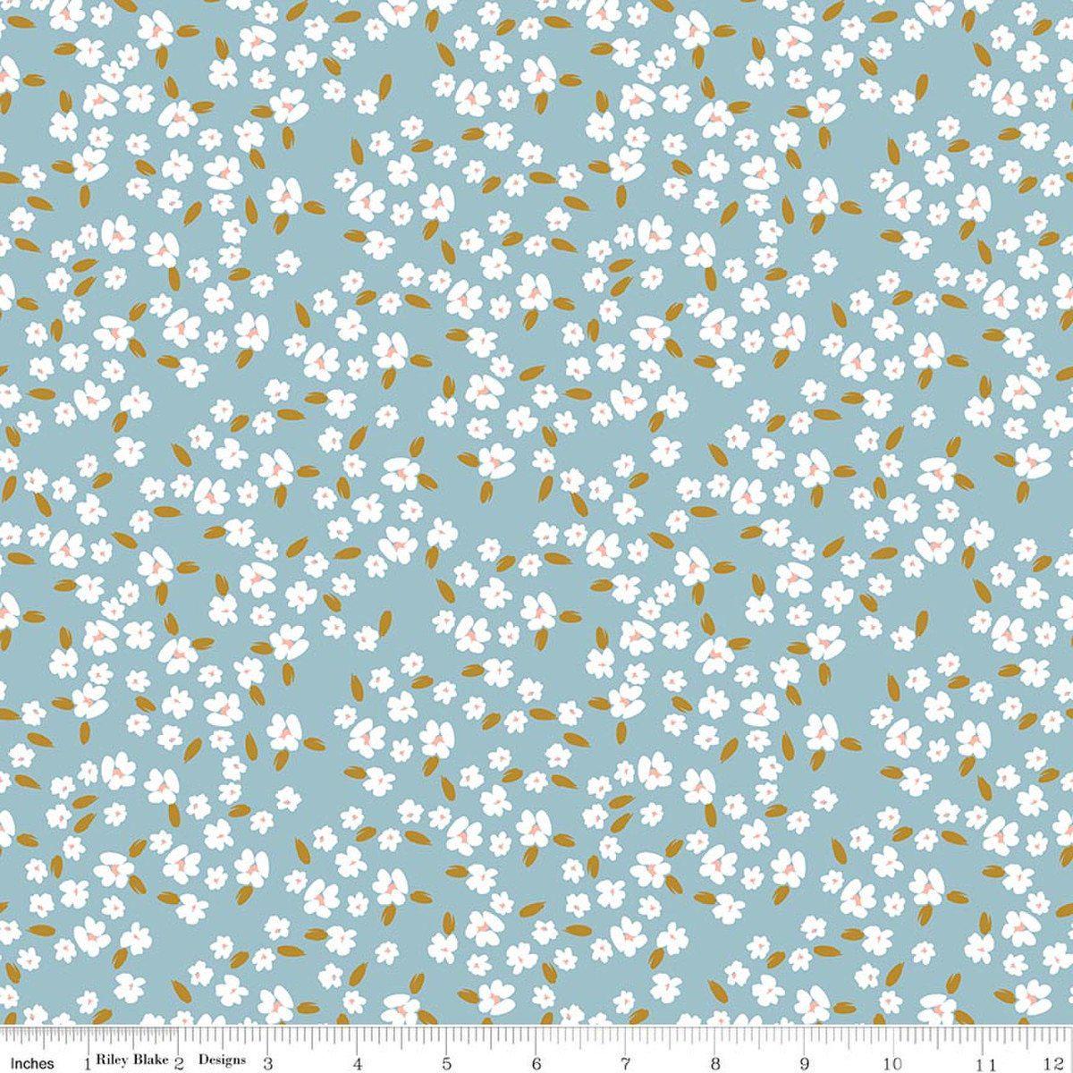 Image of Petals & Hazel Blossoms Dream quilting cotton fabric by Simple Simon & Company for Riley Blake Designs. Features flowers on a blue background. Cute Little Fabric Shop.