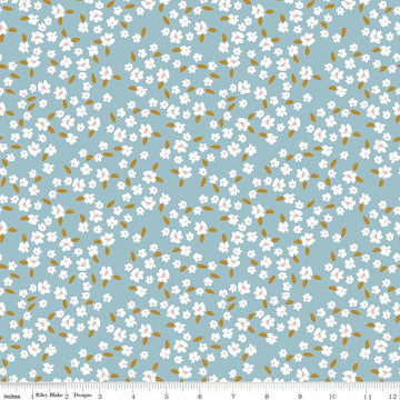 Image of Petals & Hazel Blossoms Dream quilting cotton fabric by Simple Simon & Company for Riley Blake Designs. Features flowers on a blue background. Cute Little Fabric Shop.