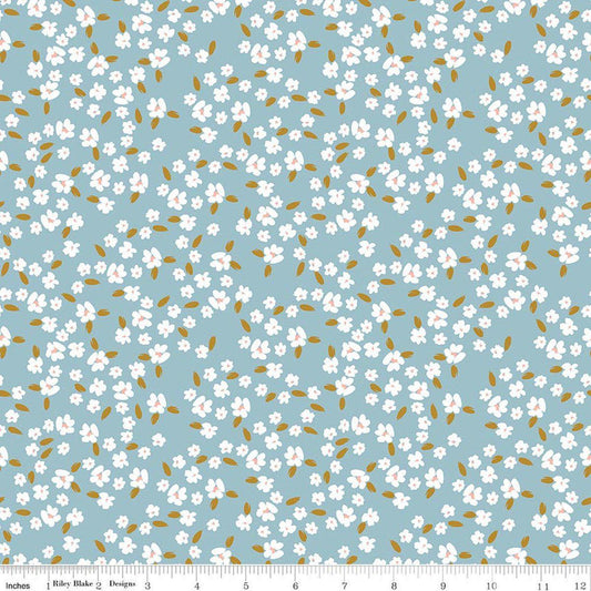 Image of Petals & Hazel Blossoms Dream quilting cotton fabric by Simple Simon & Company for Riley Blake Designs. Features flowers on a blue background. Cute Little Fabric Shop.