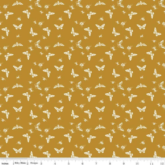 Image of Petals & Hazel Flutter Butterscotch quilting cotton fabric by Simple Simon & Company for Riley Blake Designs. Features butterflies on a gold background. Cute Little Fabric Shop.
