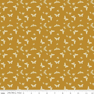 Image of Petals & Hazel Flutter Butterscotch quilting cotton fabric by Simple Simon & Company for Riley Blake Designs. Features butterflies on a gold background. Cute Little Fabric Shop.