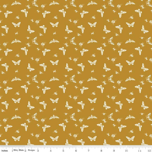 Image of Petals & Hazel Flutter Butterscotch quilting cotton fabric by Simple Simon & Company for Riley Blake Designs. Features butterflies on a gold background. Cute Little Fabric Shop.