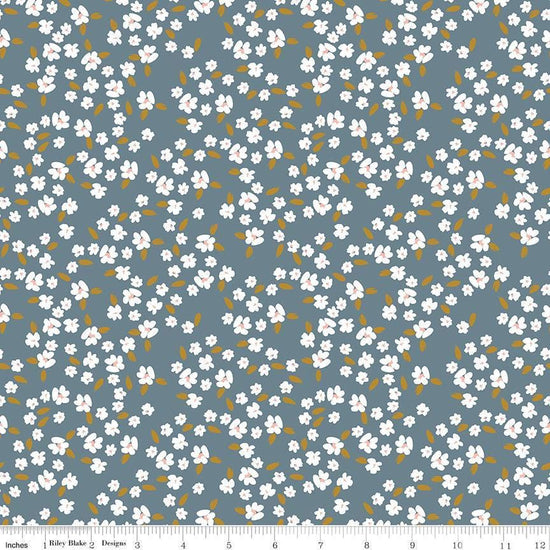Image of Petals & Hazel Blossoms Blue quilting cotton fabric by Simple Simon & Company for Riley Blake Designs. Features flowers on a blue background. Cute Little Fabric Shop.