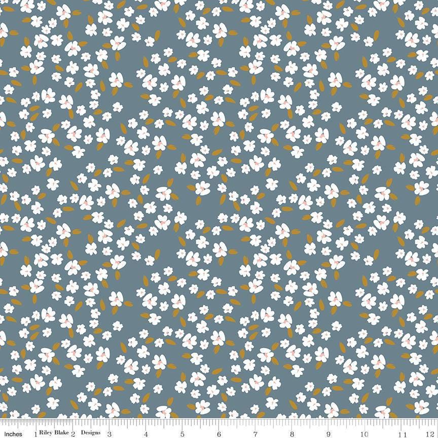 Image of Petals & Hazel Blossoms Blue quilting cotton fabric by Simple Simon & Company for Riley Blake Designs. Features flowers on a blue background. Cute Little Fabric Shop.