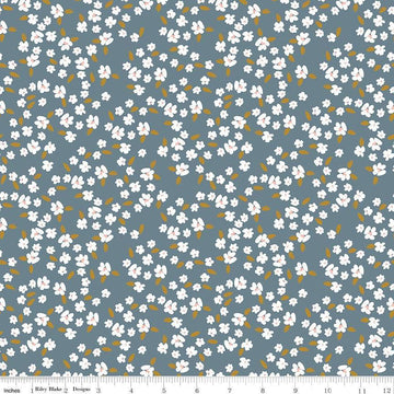 Image of Petals & Hazel Blossoms Blue quilting cotton fabric by Simple Simon & Company for Riley Blake Designs. Features flowers on a blue background. Cute Little Fabric Shop.